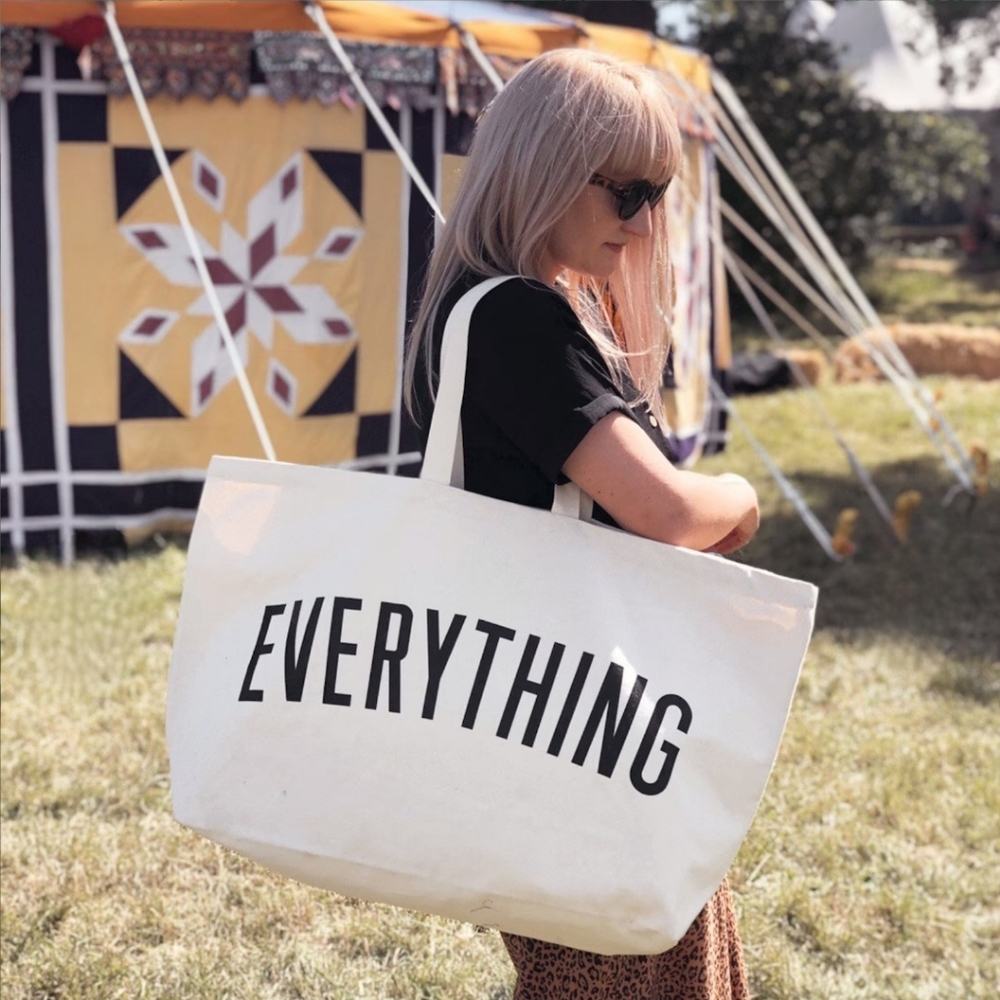 New HUGE ivory and black lettering canvas tote Everything bag
